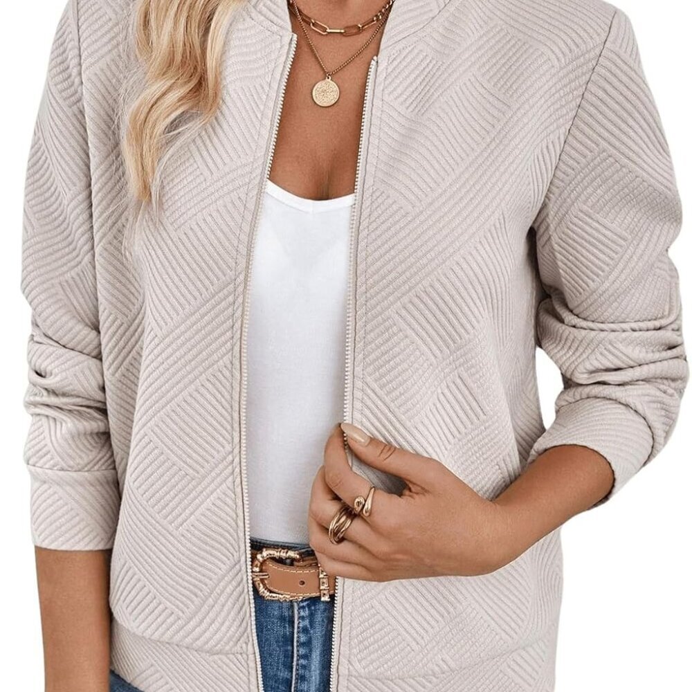 Women's Zip Up Textured Lightweight Bomber Jacket Casual Long Sleeve Outerwear